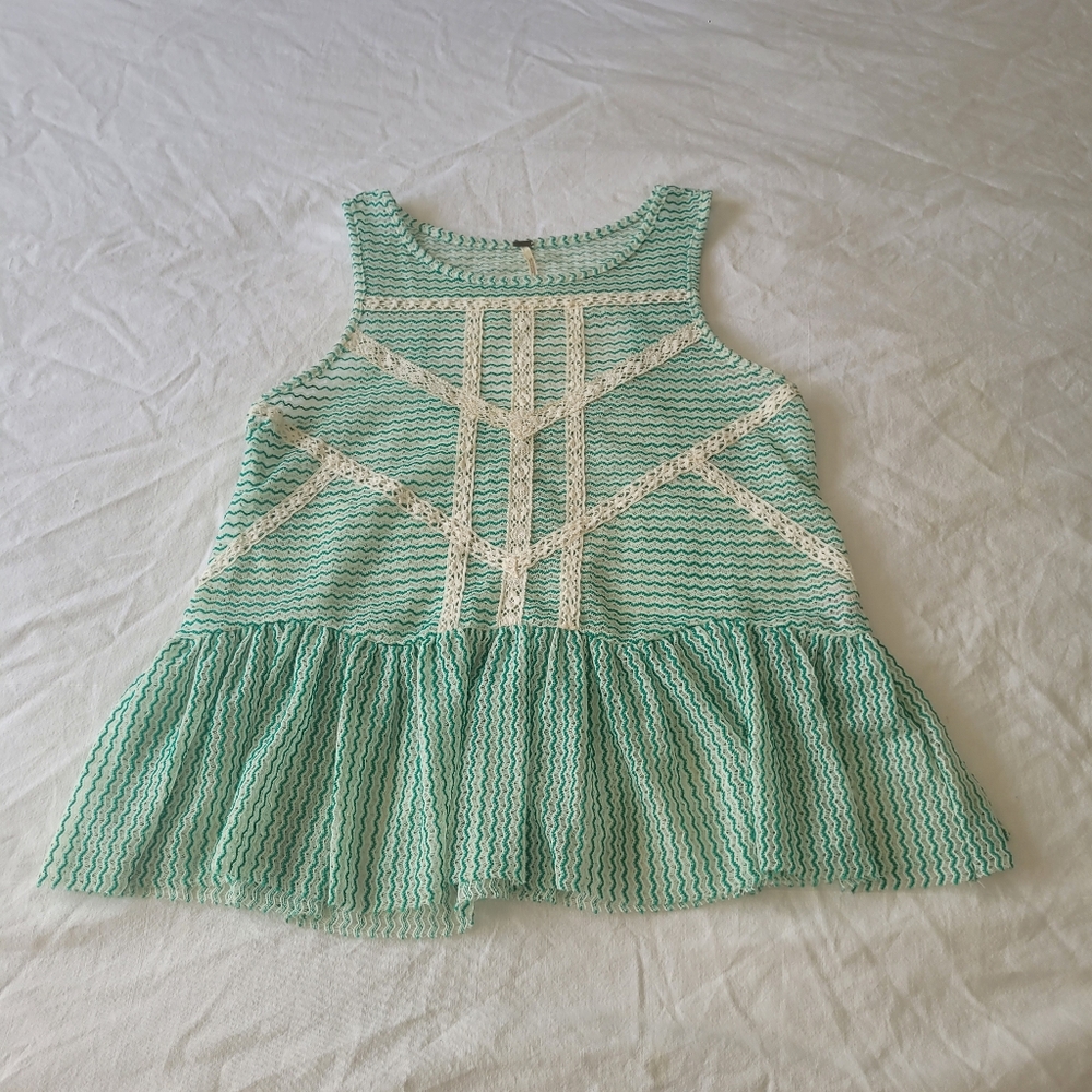 Free People Green Ivory Lace Stripe Crochet Peplum Tank Top Women SZ Small Boho